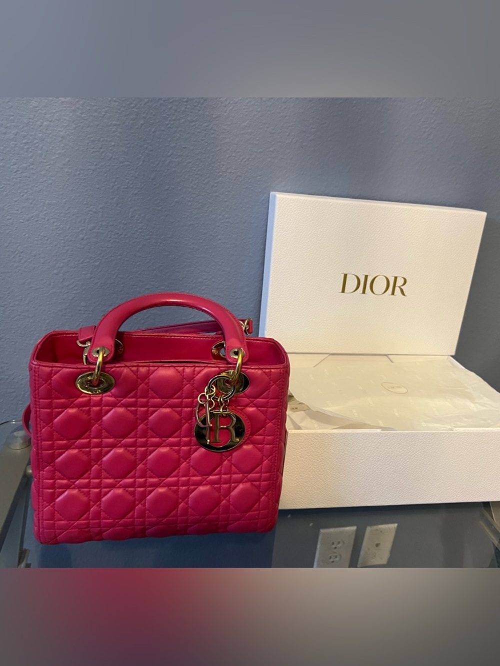 Dior Lambskin Cannage Medium Lady Dior Fuchsia - Like New , Plastic on hardware